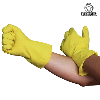Ευθυγραμμισμένο κοπάδι λαστιχένιο γάντι γαντιών οικιακών λατέξ ODM κίτρινο για την κουζίνα